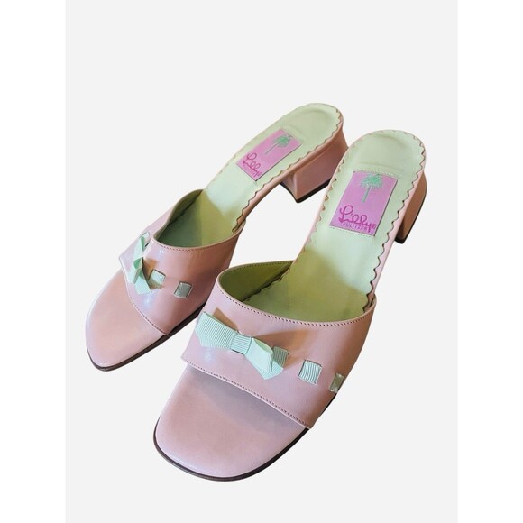 Lilly Pulitzer Slide Sandals Size 8.5 Pink With Green Bows Low Heels - Picture 8 of 9